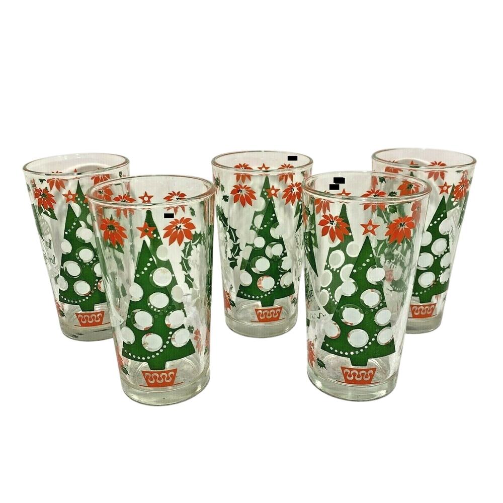 Vintage Merry Christmas Holiday Glasses Set (5) Mod Tree & New Years Tumblers
